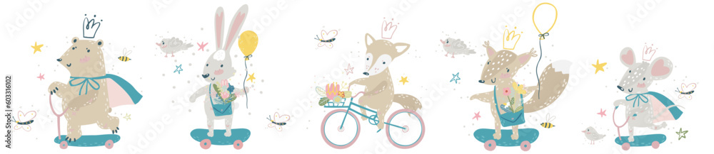 Riders Animals. Cartoon wild animals riding vehicles bikes, scooters, scates. Vector collection