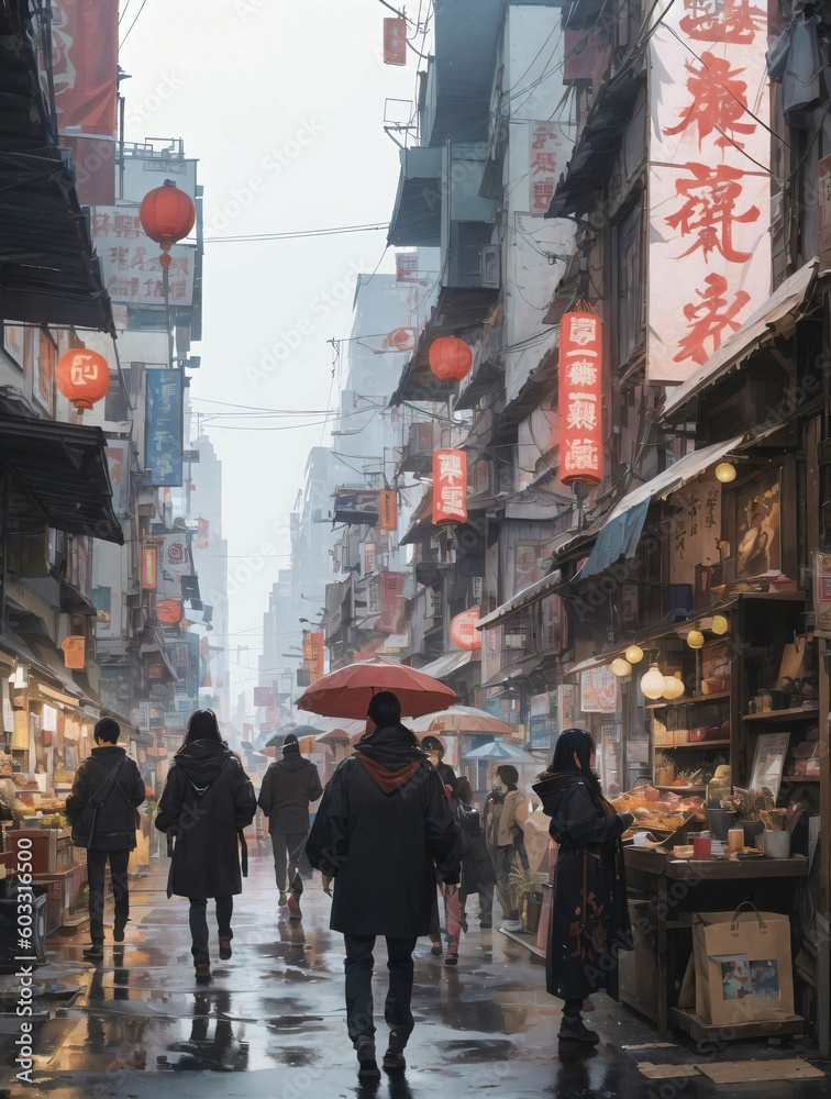 Obraz premium Generative AI: Lively Asian street market