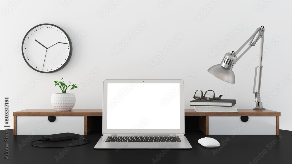 The computers on the work desk with work equipment and on the walls are wall clocks,3D Rendering. The computers on the work desk with work equipment and on the walls are wall clocks,3D Rendering.