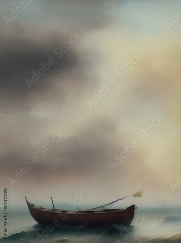 Fisherman boat, stormy sea landscape. AI generated illustration