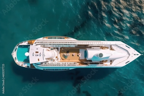 panoramic aerial drone photo view of cruise liner in deep blue sea. memorable voyage.