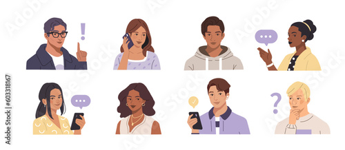 People portraits illustration set. Young female and male faces. Diverse modern characters wearing casual stylish clothes, accessories and holding smartphones. Vector illustration.
