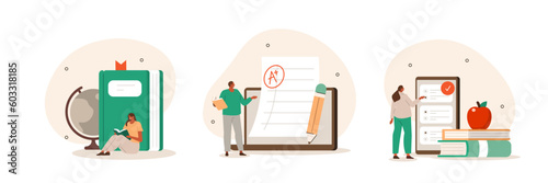 Education concept illustration set. Student characters successfully studying with book on educational platform, selecting answers for exam test and achieving good results. Vector illustration.