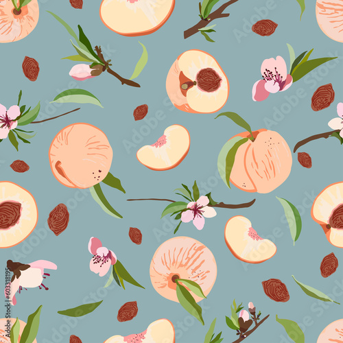 A pattern of peaches and peach blossoms on a light background.For fabrics, for printing brochures, posters, parties, vintage textile design, postcards, packaging