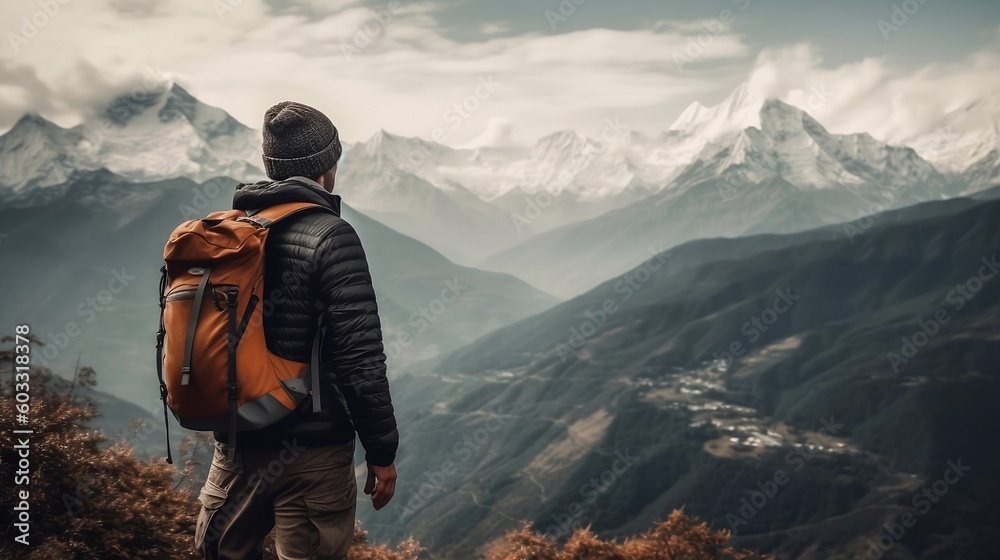 Engaged in the activity of hiking, the active individual relishes the captivating scenery of the mountain range while embracing a sporty travel lifestyle. Generative AI