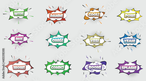 Set of comic pop art text emotions, vector bright dynamic cartoon illustrations isolated on background.