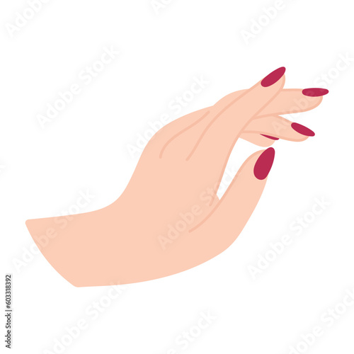 Female hand in relaxed pose. Beautiful arm of white woman. Reaches for something. Palm down perspective. Delicate minimalist illustration in flat style. Red manicure. Non-verbal gesture.