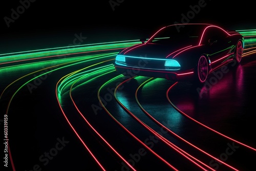 Futuristic retro car. Retro sport car with neon backlight contours. Generative ai