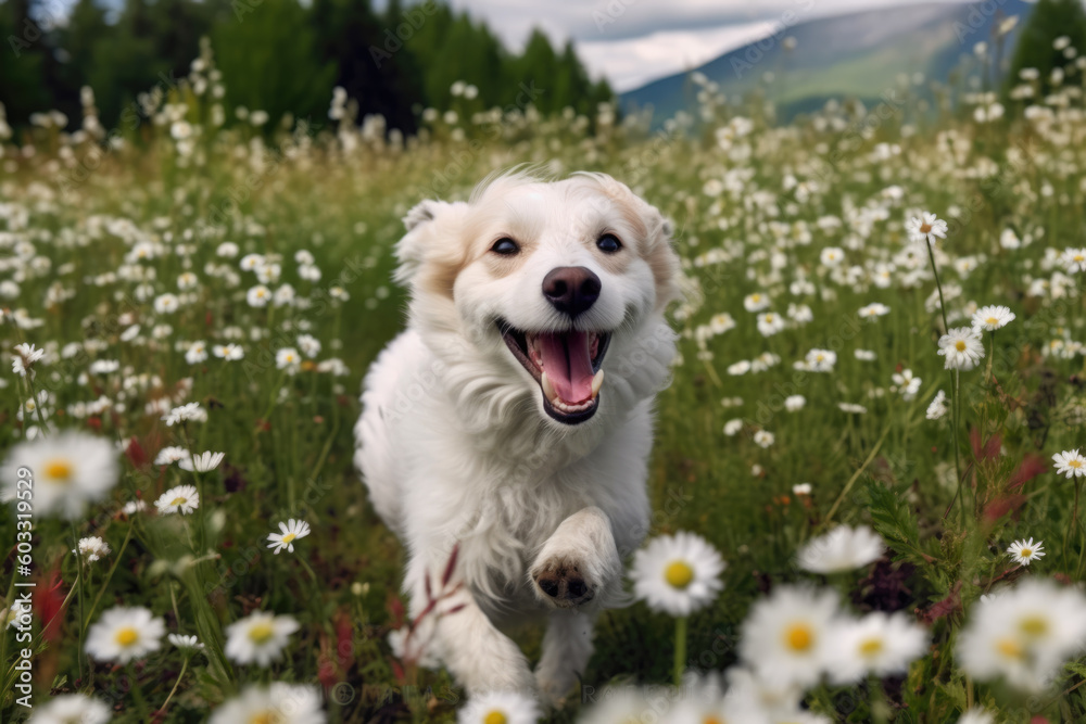 Playful and happy dog runs through a flower field Playful and happy dog runs through a flower field