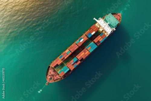 container cargo ship sailing through open sea, international trade, import export, global logistics