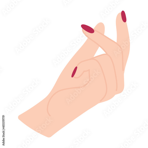 Beautiful female hand with palm up. Elegant arm with wrist and fingers of a white woman. The gesture of counting money. Clicking fingers. Non-verbal language. Delicate illustration in flat style.