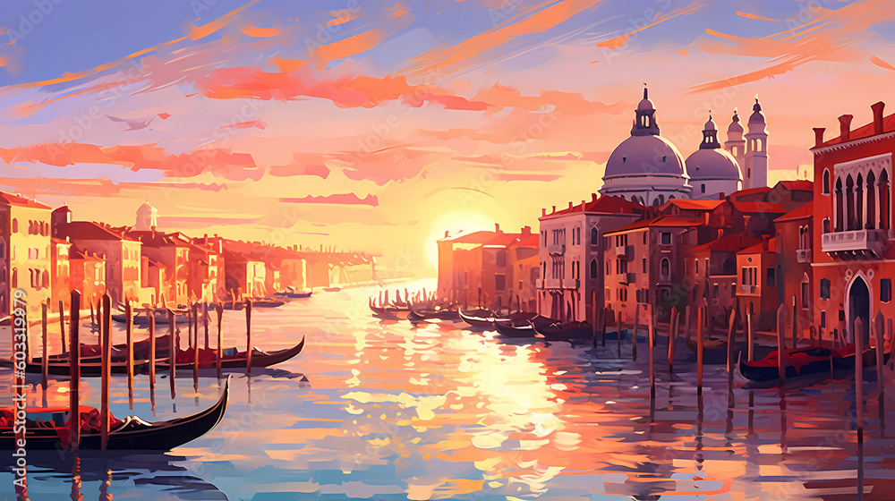 Illustration of the beautiful city of Venice. City of gondoliers, bridges, carnivals and love. Italy