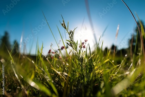 Spring-Summer Landscape: Green Field, Blue Sky, and Sun