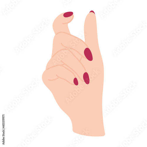 Beautiful female hand shows small size with gesture. Arm of white woman with manicure. Palm perspective. Non-verbal language. Delicate illustration in flat style. Simple clipart.