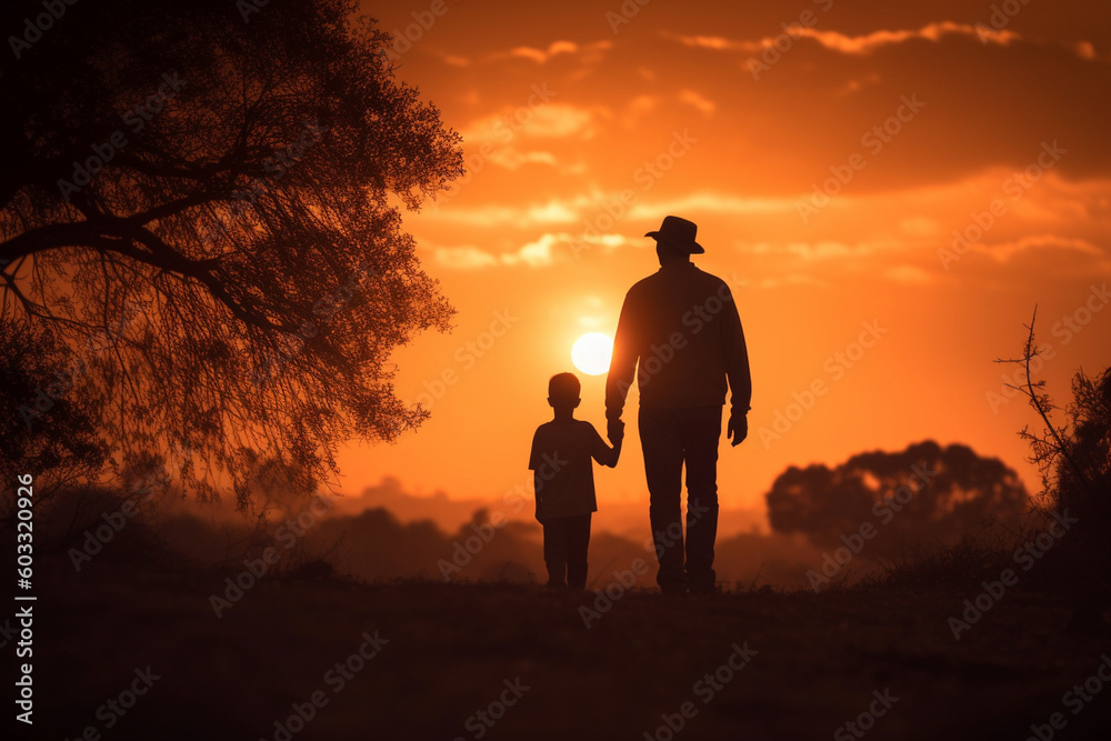 A silhouette of a father and son walking hand in hand at sunset, Father's day, bokeh Generative AI