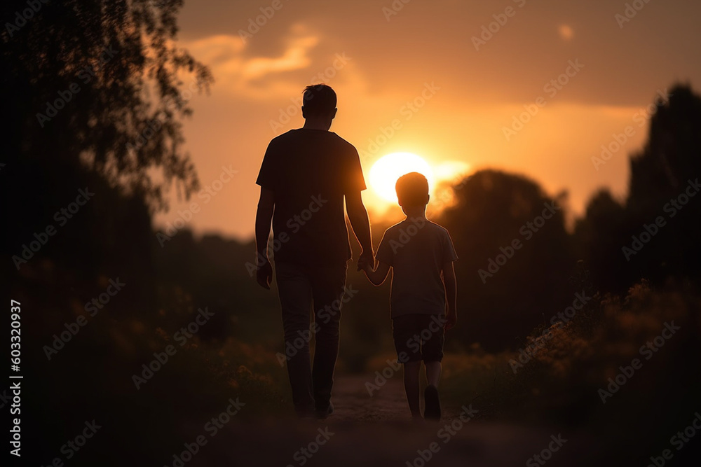 A silhouette of a father and son walking hand in hand at sunset, Father's day, bokeh Generative AI