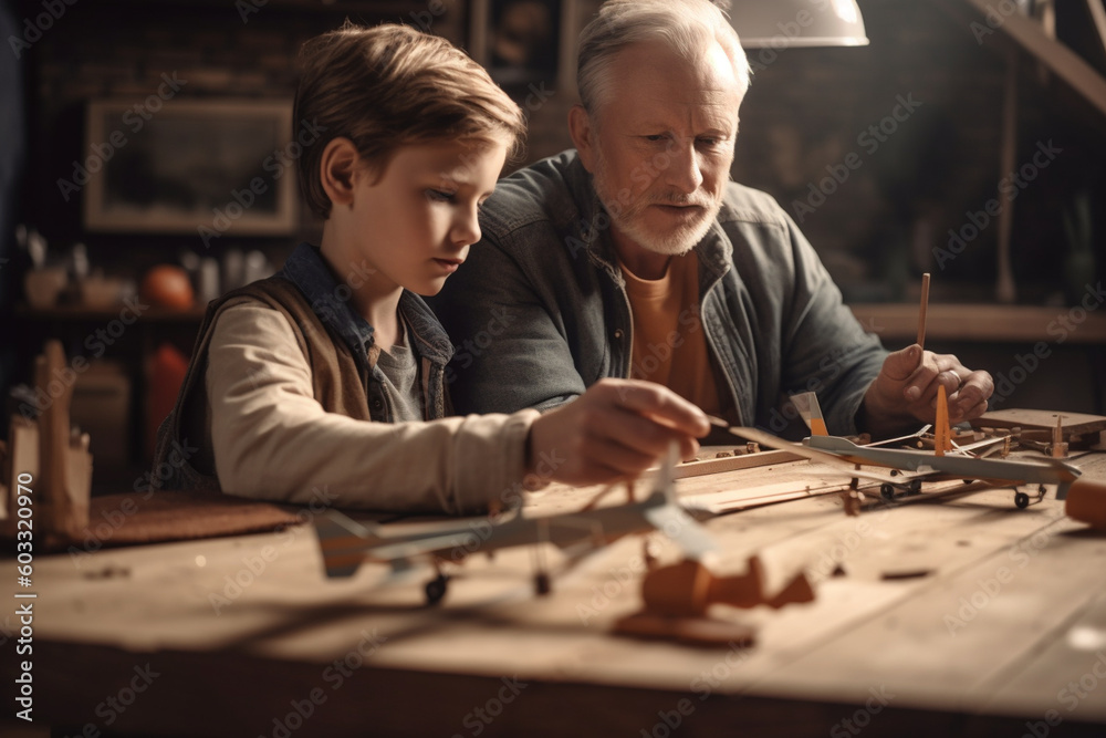 Fototapeta premium A father and son building a model airplane, Father's day, bokeh Generative AI