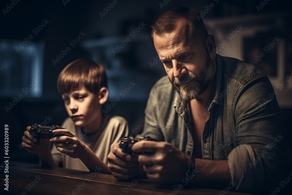 A father and son playing video games together, Father's day, bokeh Generative AI