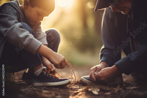 A father helping his son tie his shoelaces, Father's day, bokeh Generative AI © Катерина Євтехова