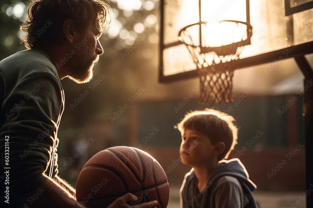 A father and son playing a friendly game of basketball, Father's day, bokeh Generative AI