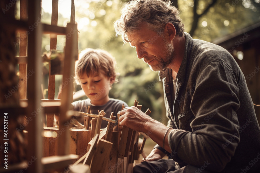 A father and son building a treehouse, Father's day, bokeh Generative AI A father and son building a treehouse, Father's day, bokeh Generative AI