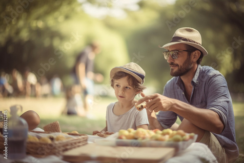 A father and son having a picnic in the park  Father s day  bokeh Generative AI