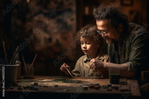 A father and son painting together on a canvas, Father's day, bokeh Generative AI