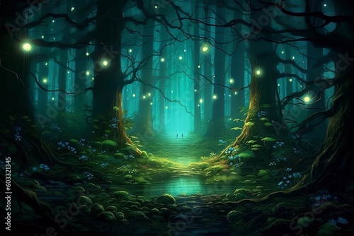 A gloomy nocturnal forest illustration, created with Generative AI technology