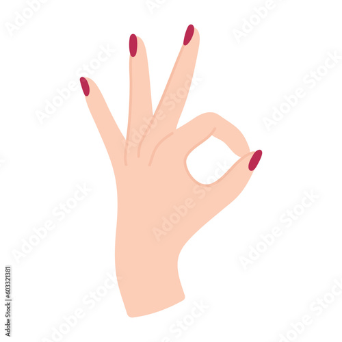 Elegant female hand with a sign approx. Okay gesture. Arm with wrist and fingers of a white woman. Non-verbal language. Delicate illustration in flat style. Simple clipart. Beautiful palm hand.