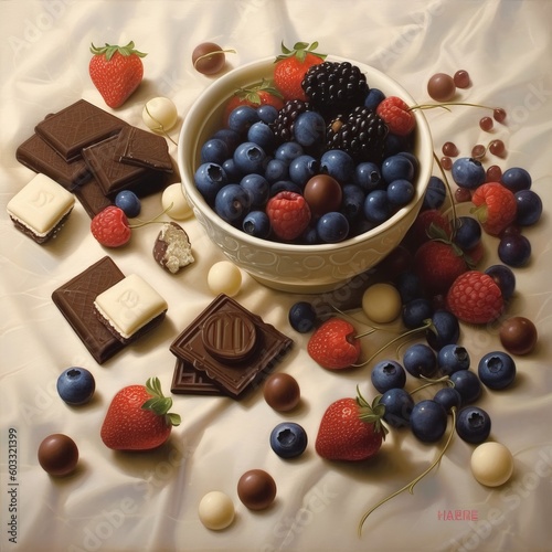 Berries in a bowl with chocolate cube