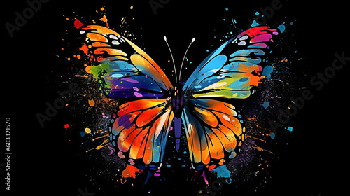 Colorful butterfly on black background with splashes illustration. Generative AI