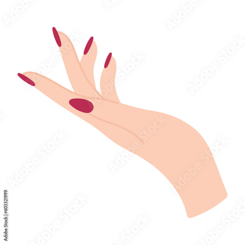 Female hand with elegant manicure. Arm of a white woman. Ask with a gesture. Non-verbal language. Palm up. Take in hand. Finger pointing. Delicate minimalist illustration in flat style. Hand pose.