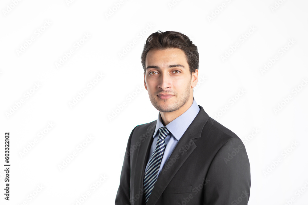 Handsome confident businessman in black suit isolated on white background Handsome confident businessman in black suit isolated on white background