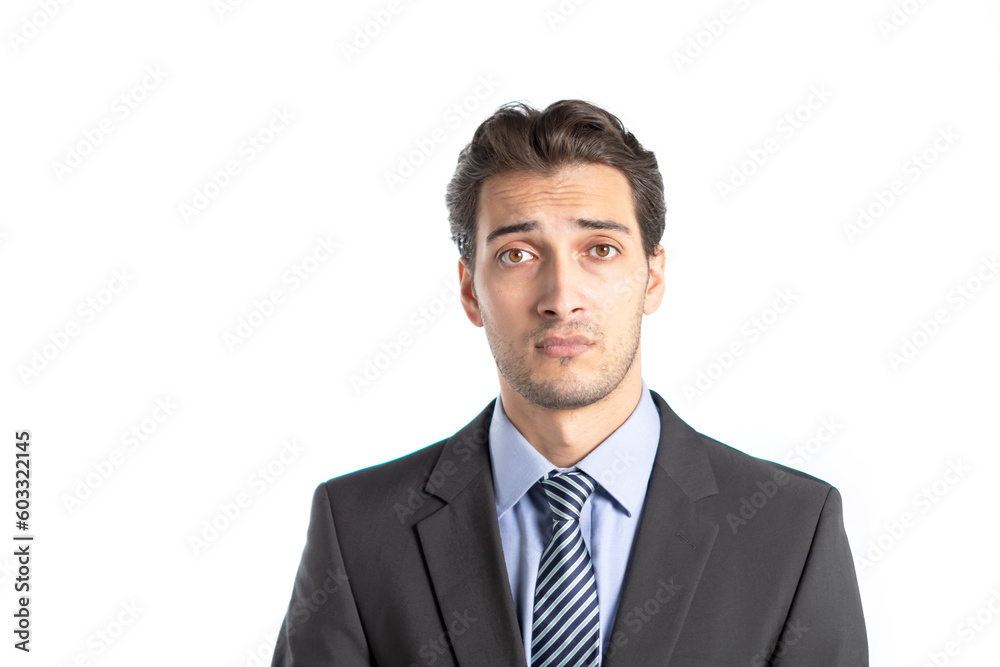 Close up portrait of depressed and tired businessman isolated on white background Close up portrait of depressed and tired businessman isolated on white background