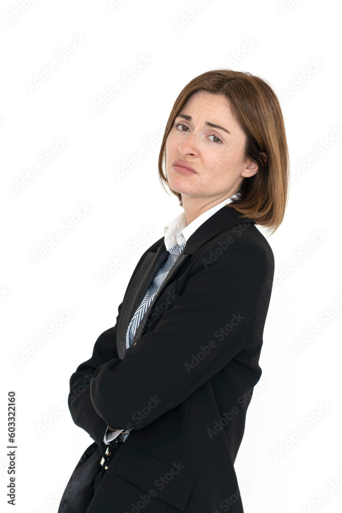 Close up portrait of upset business woman isolated on white background Close up portrait of upset business woman isolated on white background