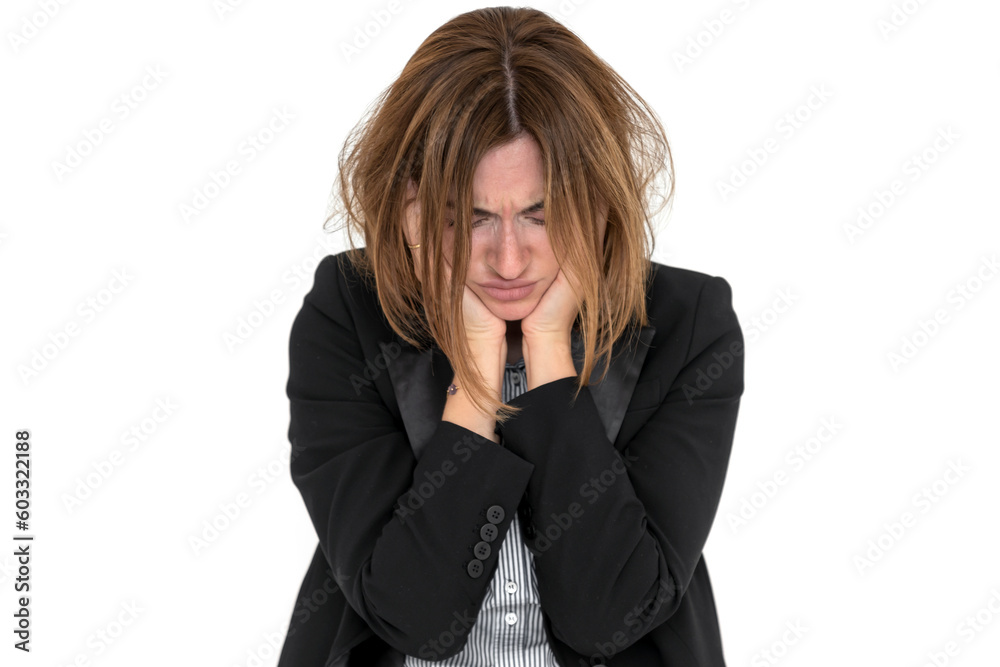 Close up portrait of hysterical business woman isolated on white background Close up portrait of hysterical business woman isolated on white background