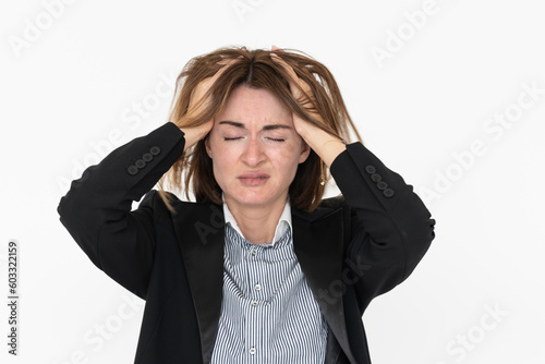 Close up portrait of hysterical business woman isolated on white background 