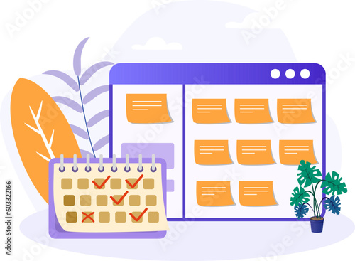Long-range planning illustration. Calendar, note, text, checkmark, plant. Editable vector graphic design.