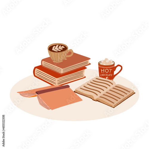Book club vector illustration: pile of books, open book, cup of coffee, hot chocolate. Hand drawn concept illustration booklover, bookworm