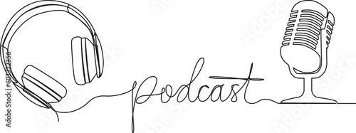 continuous single line drawing of handwritten word PODCAST and microphone and headphones, podcasting concept line art vector illustration