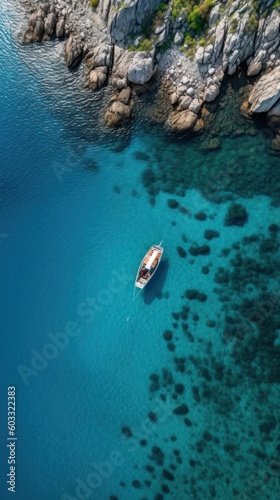 aerial view of a stylish, white motor yacht navigating through a shimmering, pristine sea and a bay.