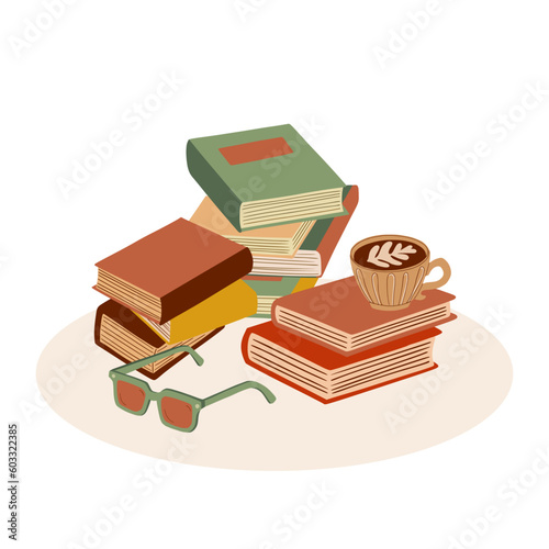 Vector hand drawn booklover illustration; several piles of books, a cup of coffee and reading glasses. Bookworm cozy reading nook drawing