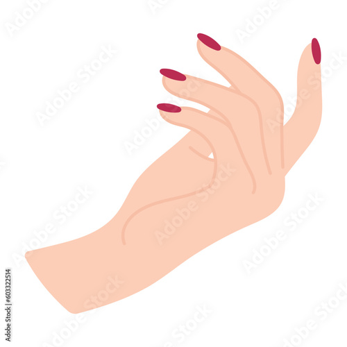 Female hand with red manicure. Arm of a white woman. Call to yourself with a gesture. Non-verbal language. A palm-up perspective. Finger pointing. Delicate minimalist illustration in flat style.