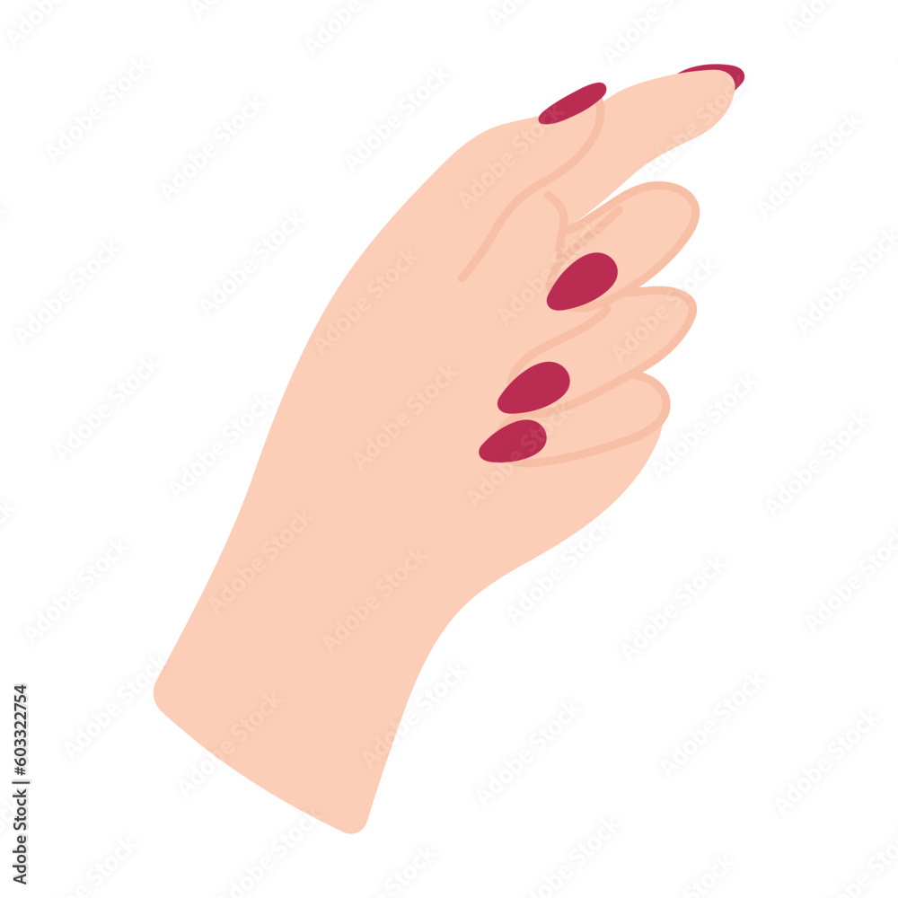 Female hand with red manicure. Hand knock. Non-verbal language. Palm forward. Arm of a white woman. Finger pointing and gesture. Delicate minimalist illustration in flat style. Hand pose. Female hand with red manicure. Hand knock. Non-verbal language. Palm forward. Arm of a white woman. Finger pointing and gesture. Delicate minimalist illustration in flat style. Hand pose.