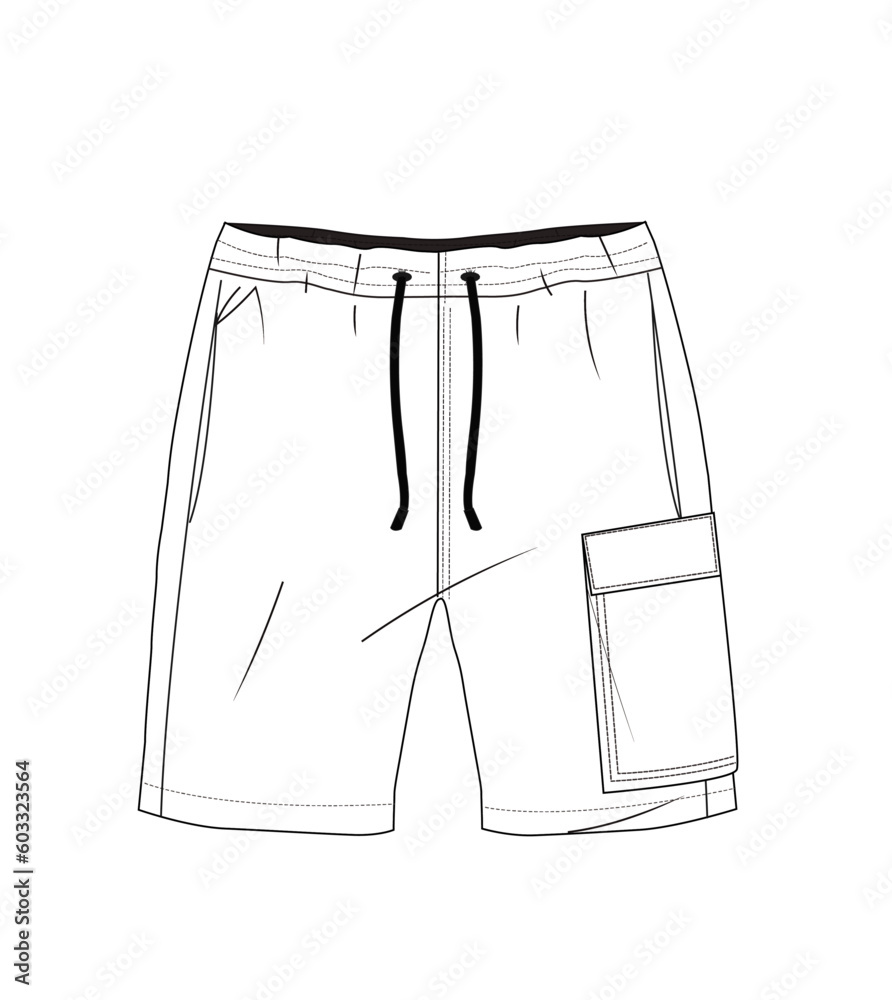 men flap pocket, drawstring waist with cord, casual short technical drawing vector,flat sketch men flap pocket, drawstring waist with cord, casual short technical drawing vector,flat sketch