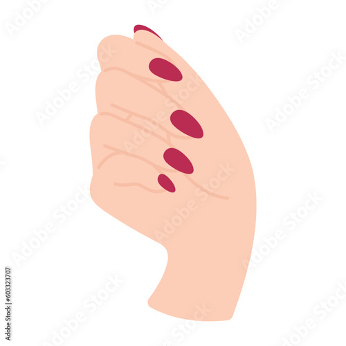 Female hand shows nails in fist. Palm turned forward. Arm of a white woman. Hand gesture or sign. Non-verbal language. Delicate minimalist illustration in flat style. Beautiful manicure.