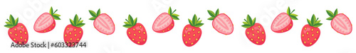 Seamless border garland with strawberry. Isolated vector and PNG illustration on transparent background.