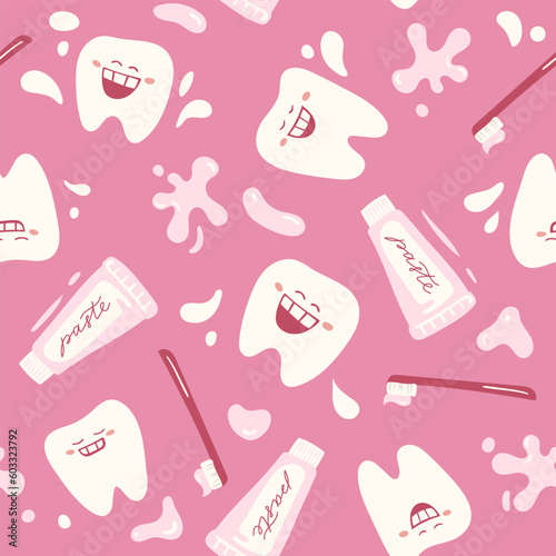 Seamless pattern with cute teeth on pink background, dental design for kid