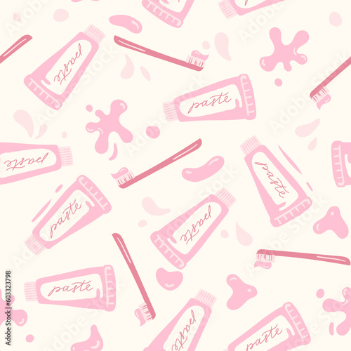 Cute seamless pattern with teethpastes and teethbrushes, dental care on pink background.