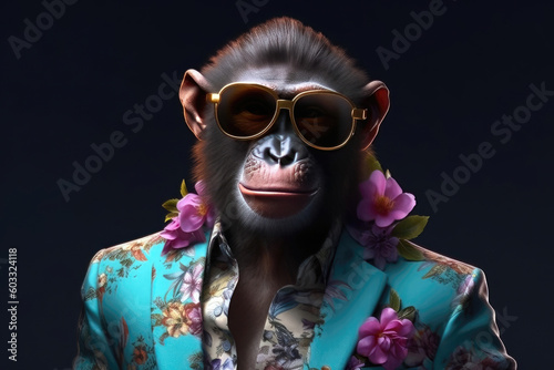 Hip Hop Monkey: Close-up of a monkey wearing sunglasses and a colorful floral printed jacket and shirt in the style of hip hop aesthetics. Generative AI